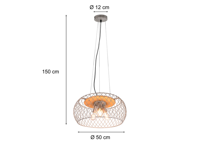 Pendelleuchte TAMIL 3 flammig Holz & Gitterschirm Silber antik Ø 50 cm