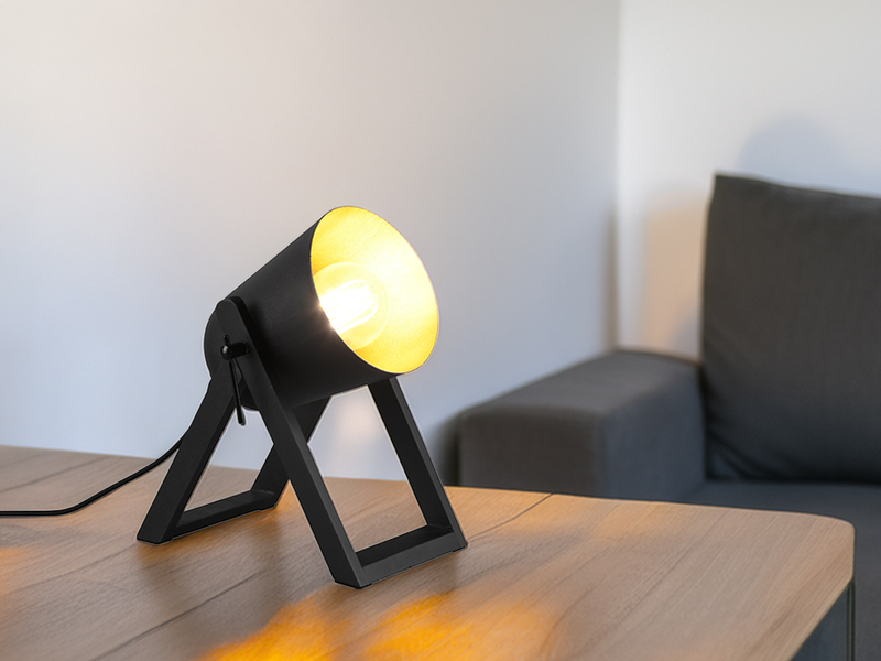 Kleine Tischleuchte MARC Naturholz Metallschirm Schwarz/Gold,  Höhe 21cm