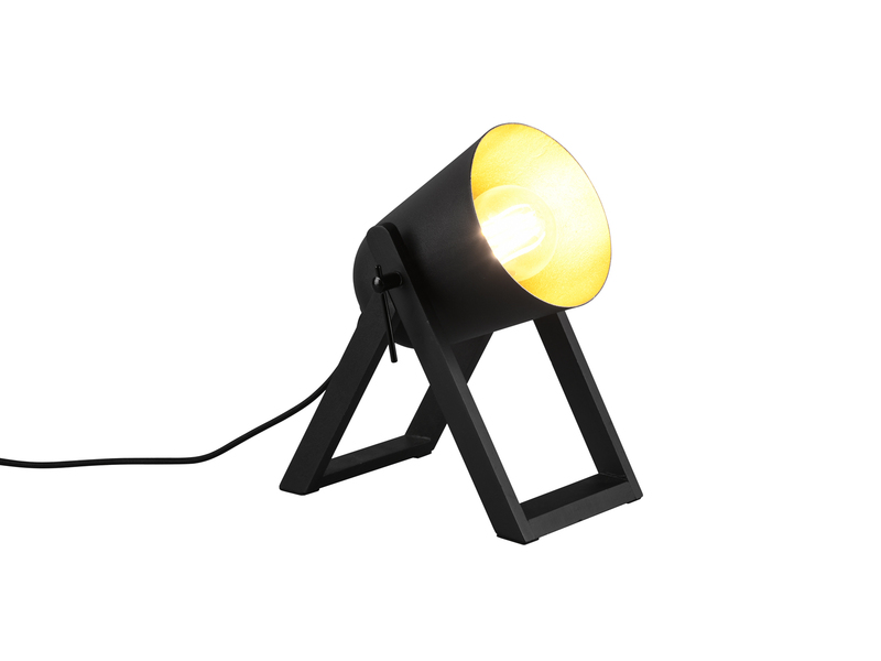 LED Tischleuchte Naturholz & Metallschirm Schwarz/Gold,  Ø12cm