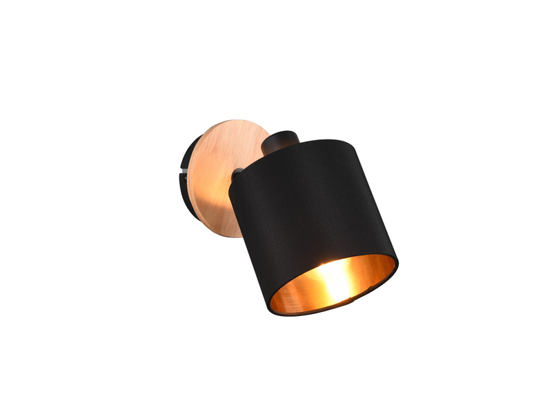 Wandstrahler TOMMY Holz mit Stoffschirm Schwarz / Gold, Breite 12cm