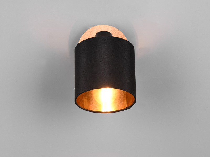 Wandstrahler TOMMY Holz mit Stoffschirm Schwarz / Gold, Breite 12cm