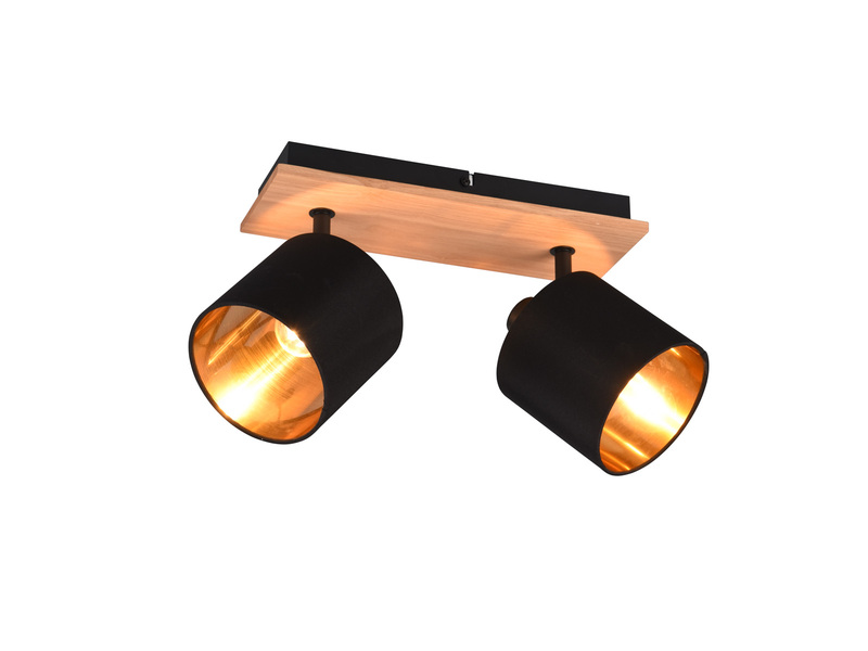 Deckenstrahler TOMMY 2-flammig Holzoptik, Stoffschirme Schwarz Gold B: 28cm