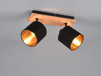 Deckenstrahler TOMMY 2-flammig Holzoptik, Stoffschirme Schwarz Gold B: 28cm