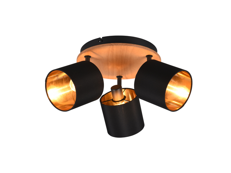 Deckenstrahler TOMMY 3-flammig Holzoptik, E14 Stoffschirme Schwarz Gold Ø 25cm