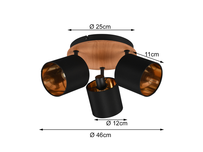 Deckenstrahler TOMMY 3-flammig Holzoptik, E14 Stoffschirme Schwarz Gold Ø 25cm