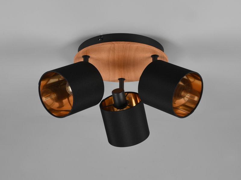 Deckenstrahler TOMMY 3-flammig Holz & Stoffschirme Schwarz Gold, Ø 25cm