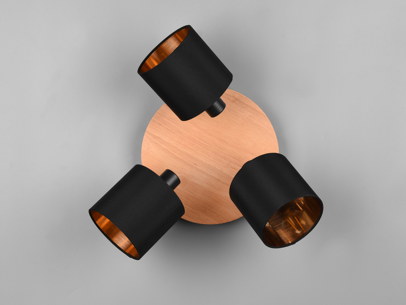 Deckenstrahler TOMMY 3-flammig Holz & Stoffschirme Schwarz Gold, Ø 25cm