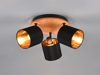 Deckenstrahler TOMMY 3-flammig Holzoptik, E14 Stoffschirme Schwarz Gold Ø 25cm