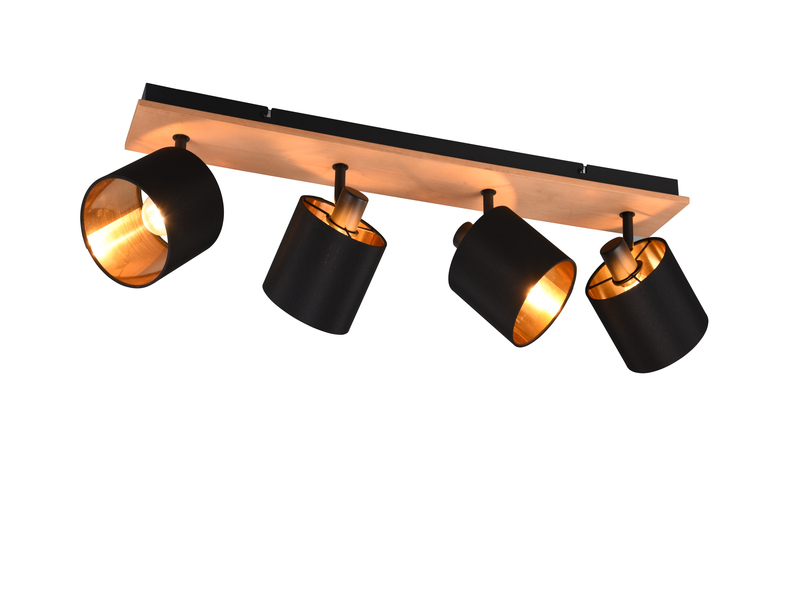 Deckenstrahler TOMMY 4-flammig Holz, Stoffschirme Schwarz Gold, Breite 70cm
