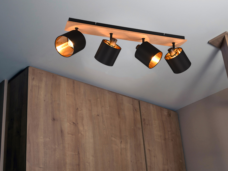 Deckenstrahler TOMMY 4-flammig Holz, Stoffschirme Schwarz Gold, Breite 70cm
