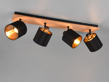 Deckenstrahler TOMMY 4-flammig Holzoptik, Stoffschirme Schwarz Gold B: 70cm