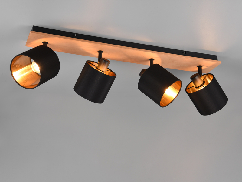 Deckenstrahler TOMMY 4-flammig Holzoptik, Stoffschirme Schwarz Gold B: 70cm