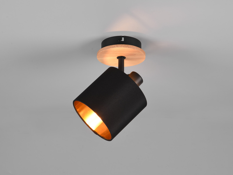 LED Wandstrahler Holz mit Stoffschirm Schwarz / Gold, Breite 12cm