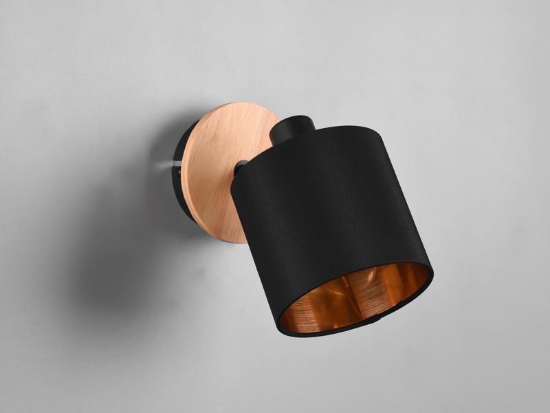 LED Wandstrahler Holz mit Stoffschirm Schwarz / Gold, Breite 12cm