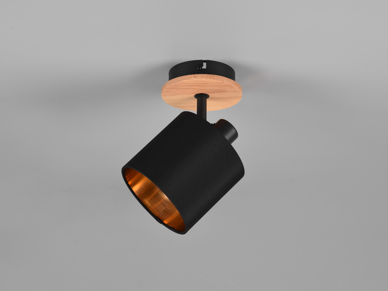 LED Wandstrahler Holz mit Stoffschirm Schwarz / Gold, Breite 12cm