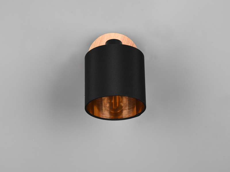 LED Wandstrahler Holz mit Stoffschirm Schwarz / Gold, Breite 12cm