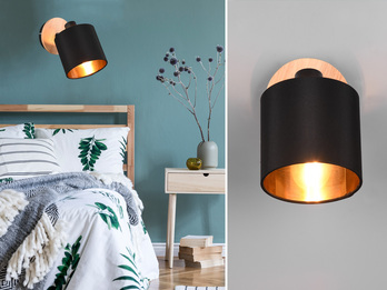 LED Wandstrahler Holz mit Stoffschirm Schwarz / Gold, Breite 12cm