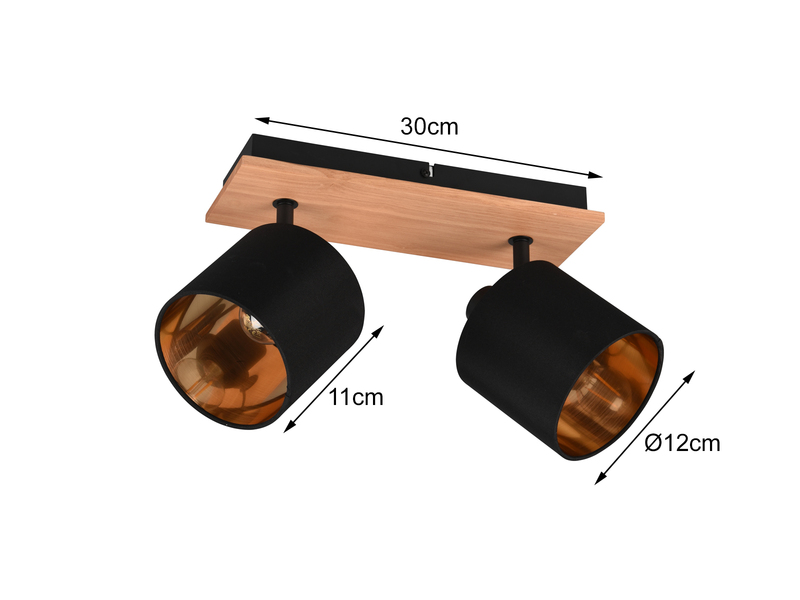 Deckenstrahler 2-flammig Holzoptik, Stoff Schwarz Gold inkl. E14 LED Breite 28cm