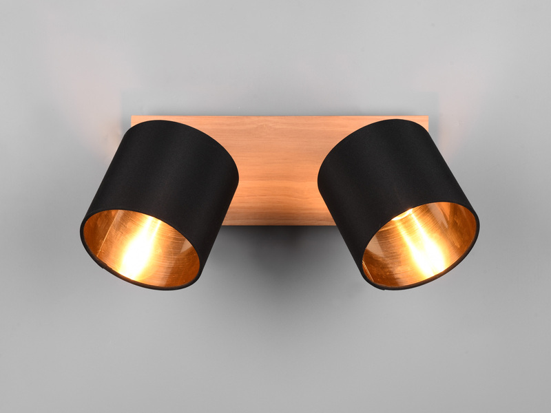 Deckenstrahler 2-flammig Holzoptik, Stoff Schwarz Gold inkl. E14 LED Breite 28cm