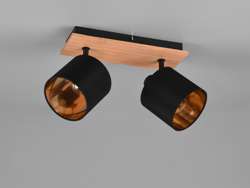 Deckenstrahler 2-flammig Holzoptik, Stoff Schwarz Gold inkl. E14 LED Breite 28cm