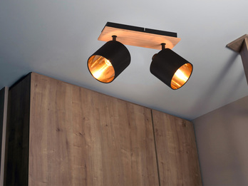 Deckenstrahler 2-flammig Holzoptik, Stoff Schwarz Gold inkl. E14 LED Breite 28cm