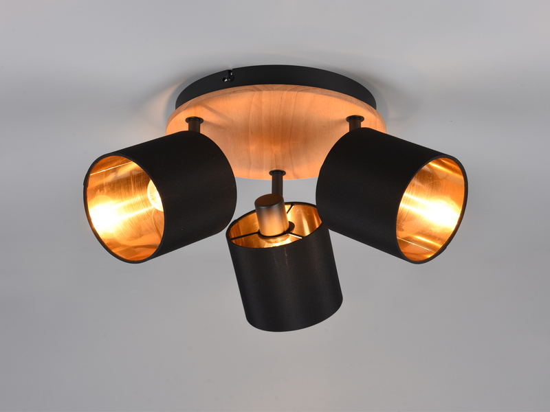 Deckenstrahler 3-flammig Holzoptik Stoffschirme Schwarz Gold mit E14 LED Ø 25cm