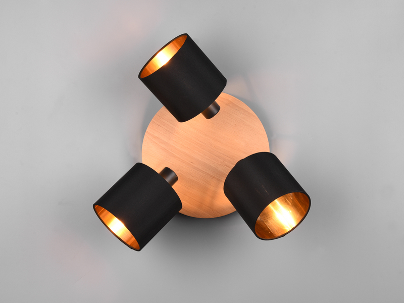 Deckenstrahler 3-flammig Holzoptik Stoffschirme Schwarz Gold mit E14 LED Ø 25cm