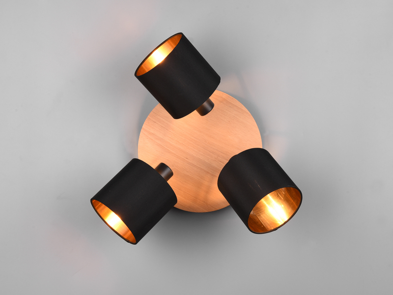 LED Deckenstrahler rund 3 flammig Holz & Stoffschirme in Schwarz Gold