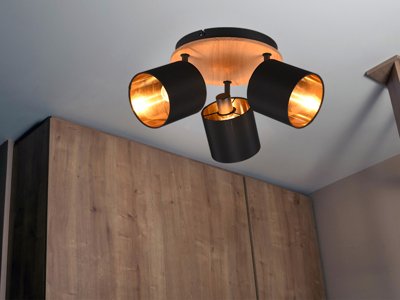 Deckenstrahler 3-flammig Holzoptik Stoffschirme Schwarz Gold mit E14 LED Ø 25cm