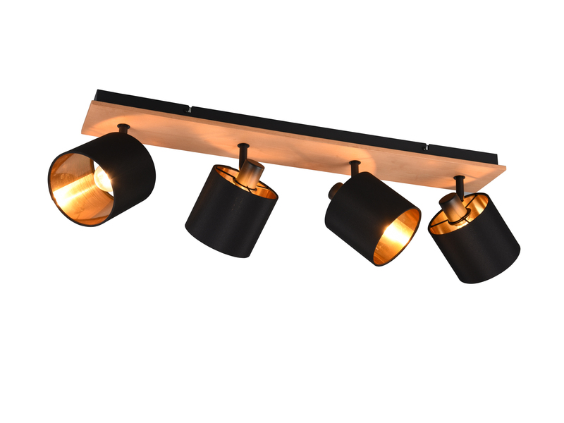 Deckenstrahler 4-flammig Holzoptik Stoff Schwarz Gold inkl. E14 LED, Breite 70cm