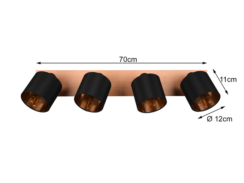 Deckenstrahler 4-flammig Holzoptik Stoff Schwarz Gold inkl. E14 LED, Breite 70cm