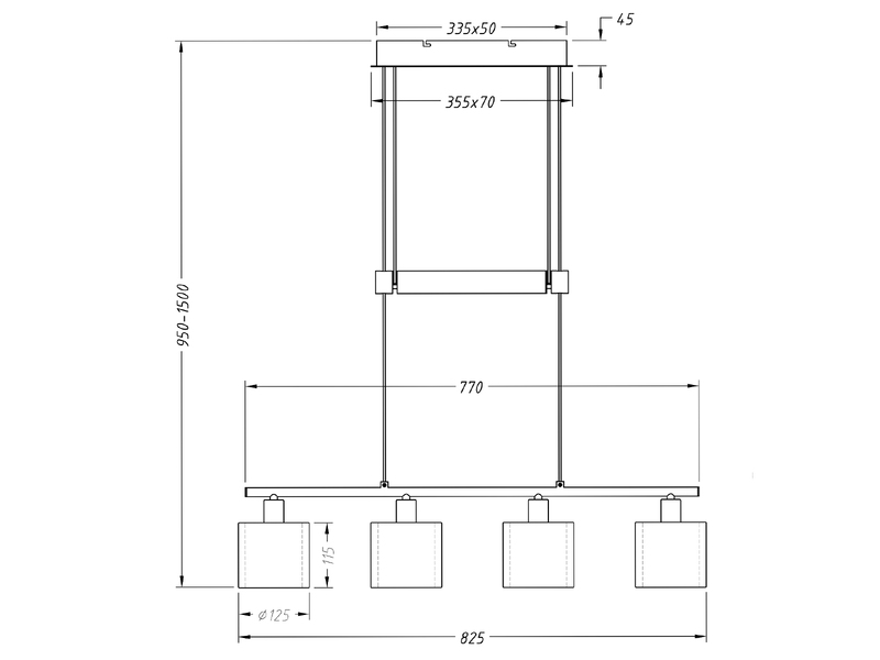Pendelleuchte BURTON höhenverstellbar 4-flammig Stoff Organza, Breite 82,5cm