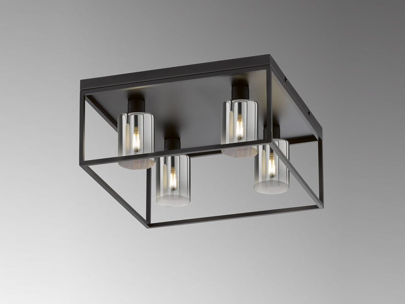 Deckenleuchte ISKA 4-flammig Schwarz mit Rauchglas, Quadrat 45cm
