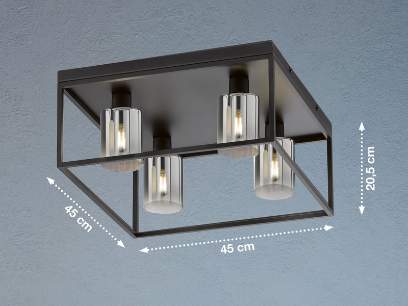 Deckenleuchte ISKA 4-flammig Schwarz mit Rauchglas, Quadrat 45cm