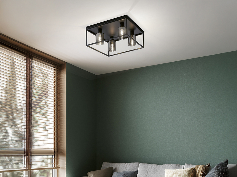 Deckenleuchte ISKA 4-flammig Schwarz mit Rauchglas, Quadrat 45cm