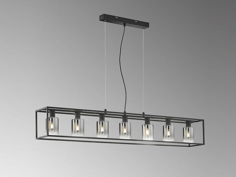 Pendelleuchte ISKA 7-flammig Schwarz lang mit Rauchglas, Breite 130cm
