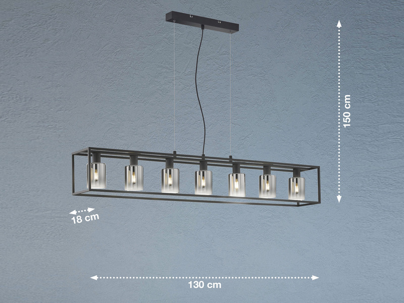 Pendelleuchte ISKA 7-flammig Schwarz lang mit Rauchglas, Breite 130cm
