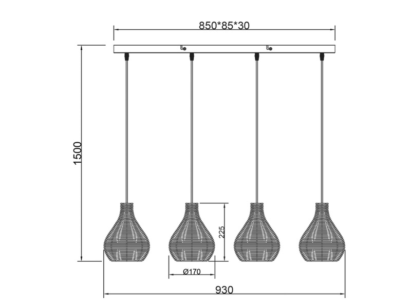 Balken Pendelleuchte SPROUT Rattan Geflecht Schwarz 4flammig Boho 93cm