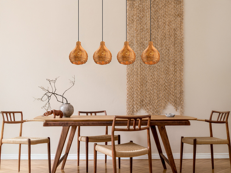 Balken Pendelleuchte SPROUT Rattan Geflecht Natur 4flammig Boho Stil 93cm