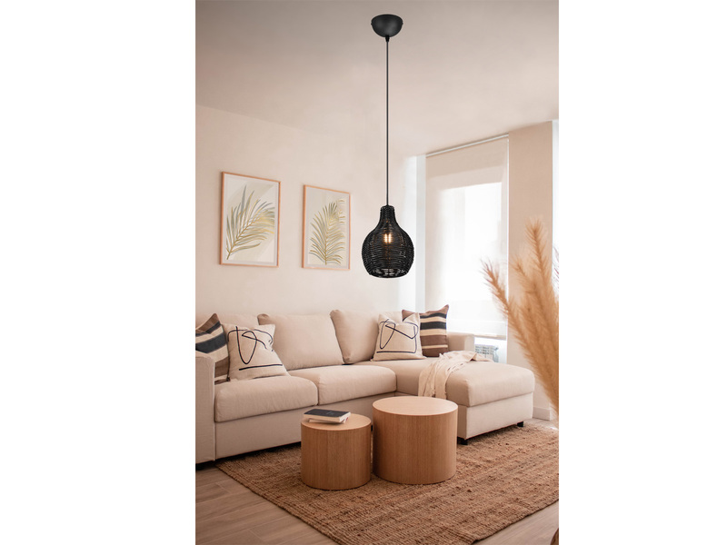 LED Pendelleuchte mit Rattan Geflecht Schwarz im Boho Stil Ø 17cm