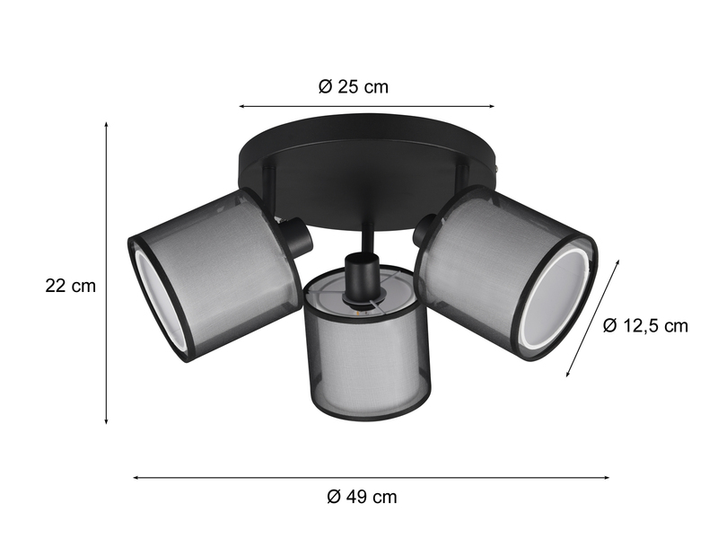 LED Deckenstrahler 3 flammig Stoff Organza transparent Schwarz innen Weiß