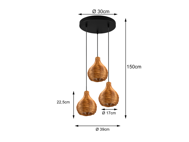 LED Pendelleuchte mit Rattan Geflecht Natur 3 flammig im Boho Stil Ø 39cm