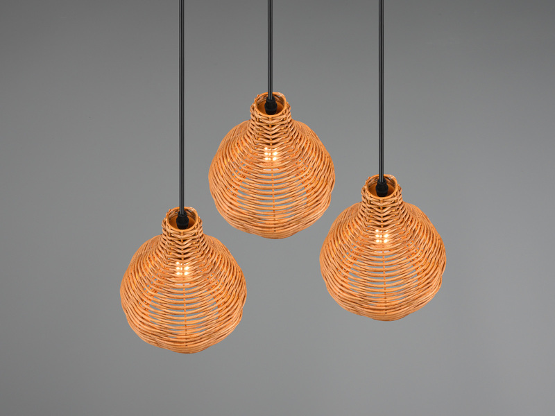 LED Pendelleuchte mit Rattan Geflecht Natur 3 flammig im Boho Stil Ø 39cm