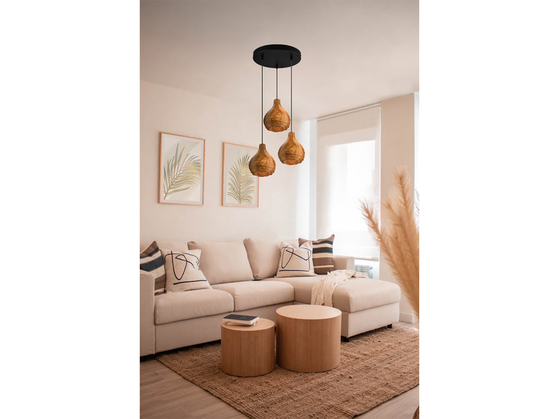 LED Pendelleuchte mit Rattan Geflecht Natur 3 flammig im Boho Stil Ø 39cm