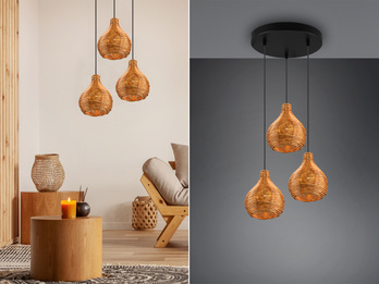 LED Pendelleuchte mit Rattan Geflecht Natur 3 flammig im Boho Stil Ø 39cm