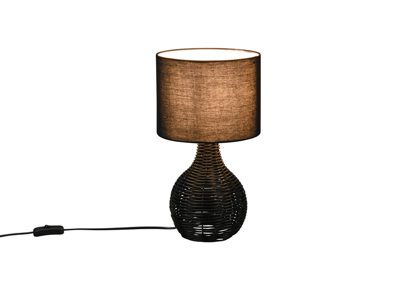 LED Tischleuchte Rattan Geflecht Stoffschirm Schwarz im Boho Stil Ø 22cm