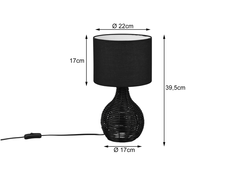 LED Tischleuchte Rattan Geflecht Stoffschirm Schwarz im Boho Stil Ø 22cm