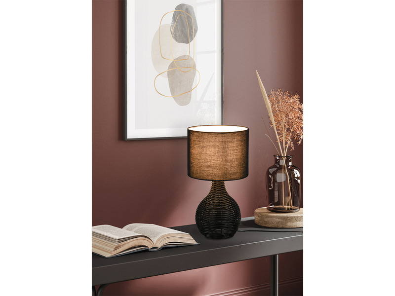 LED Tischleuchte Rattan Geflecht Stoffschirm Schwarz im Boho Stil Ø 22cm