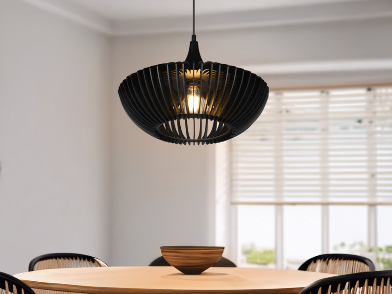 LED Pendelleuchte 1-flammig in Schwarz matt Holz Lamellenlampe, Ø 40 cm