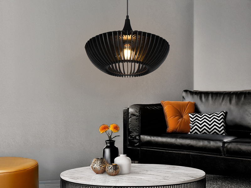 LED Pendelleuchte 1-flammig in Schwarz matt Holz Lamellenlampe, Ø 40 cm